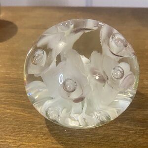 Joe Rice  96 vintage Elegant Glass Paperweight with White Floral Design